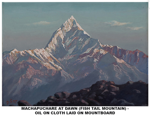 Himalayan landscape painting by M. Sain featuring Darjeeling and Kanchenjunga