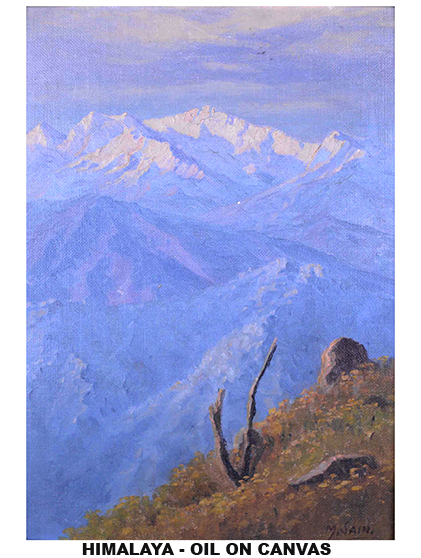M. Sain artwork depicting the Eastern Himalayas and mountain landscapes