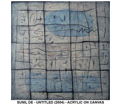 Abstract painting by Sunil De featuring lyrical movement and harmonious colours