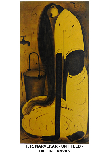 Elongated figurative painting by P. R. Narvekar in contemporary Indian art