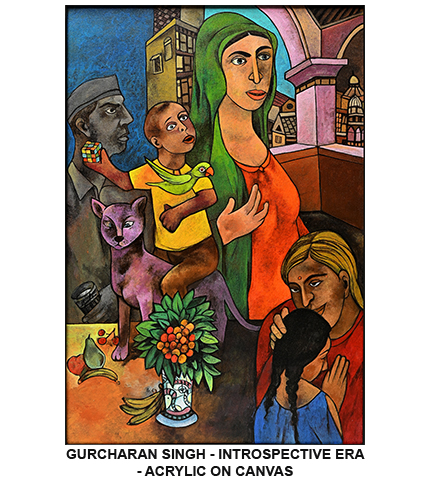 Figurative artwork by Gurcharan Singh expressing simplicity and human relationships