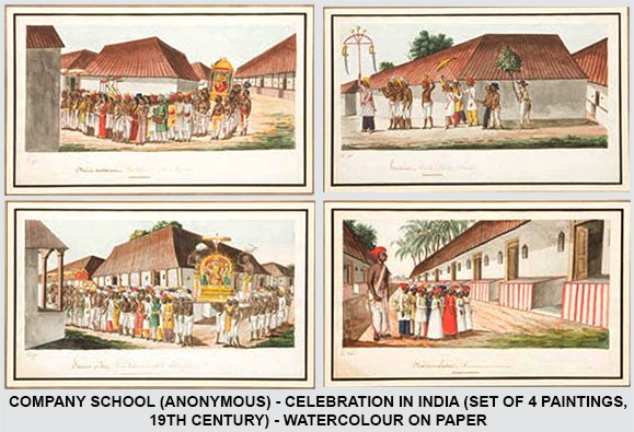 Company School painting showcasing Indian architecture and daily life