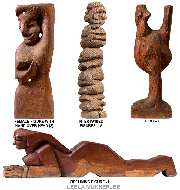 Wooden sculpture by Leela Mukherjee reflecting the Santiniketan artistic tradition