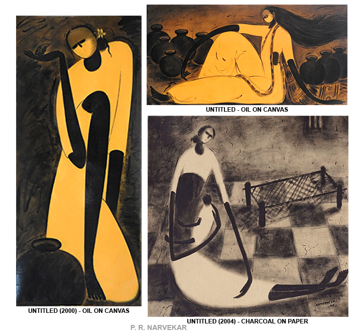 P. R. Narvekar painting featuring elongated female figures in contemporary Indian art