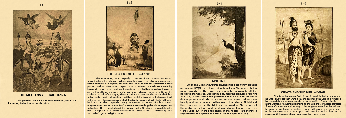 Half-tone reproductions of Raja Ravi Varma paintings showcasing Indian mythology and visual culture