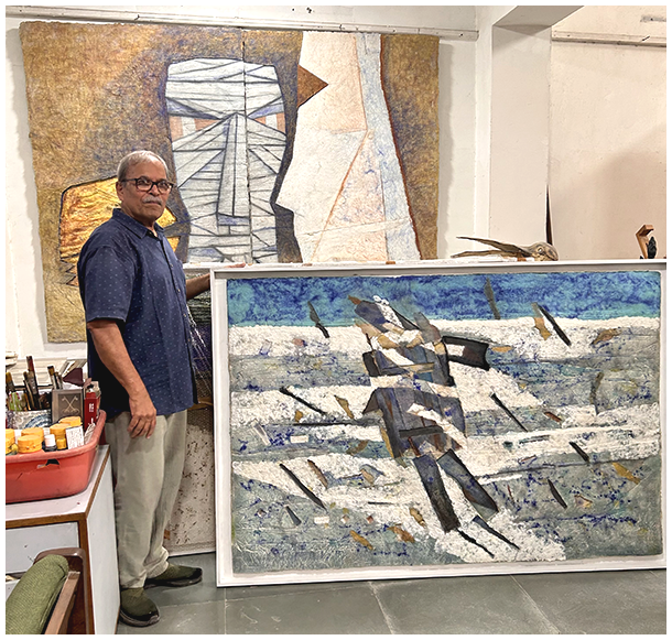 Portrait of Indian printmaker Dattatreya Apte at his Kaladham studio in Greater Noida